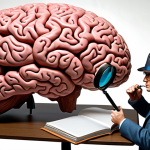 **Cognitive Psychology Detective:** A stylized detective, equipped with magnifying glass and notebook, peering into a giant, intricate brain model. Symbolic representations of memory storage, language processing, and problem-solving swirl within the brain. Colors should be vibrant and inquisitive.