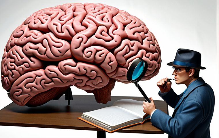 **Cognitive Psychology Detective:** A stylized detective, equipped with magnifying glass and notebook, peering into a giant, intricate brain model. Symbolic representations of memory storage, language processing, and problem-solving swirl within the brain. Colors should be vibrant and inquisitive.