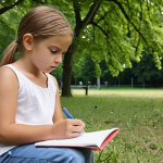 **A psychologist observing children playing in a park, taking notes in a field journal.** (Focus: Naturalistic Observation)