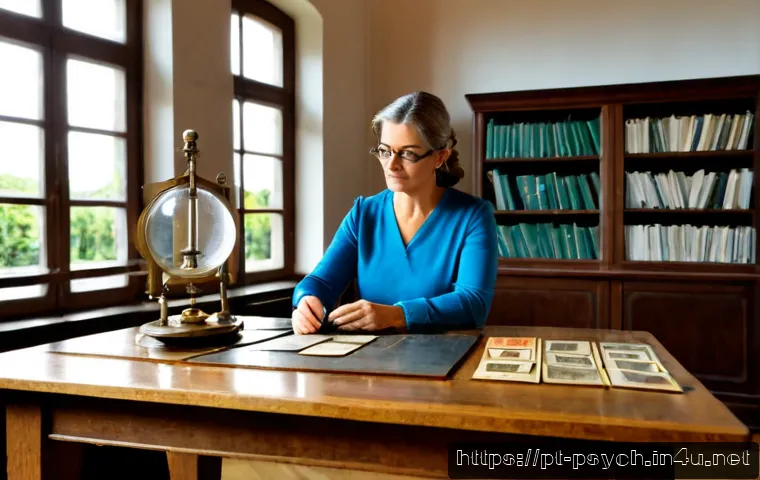 심리학의 역사적 발전 - Photorealistic historical psychology study scene in a Portuguese university library, a mature female...